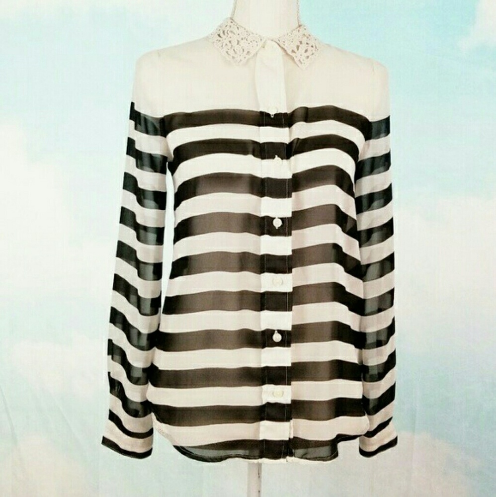 LC Lauren Conrad Sheer Striped Blouse Lace…